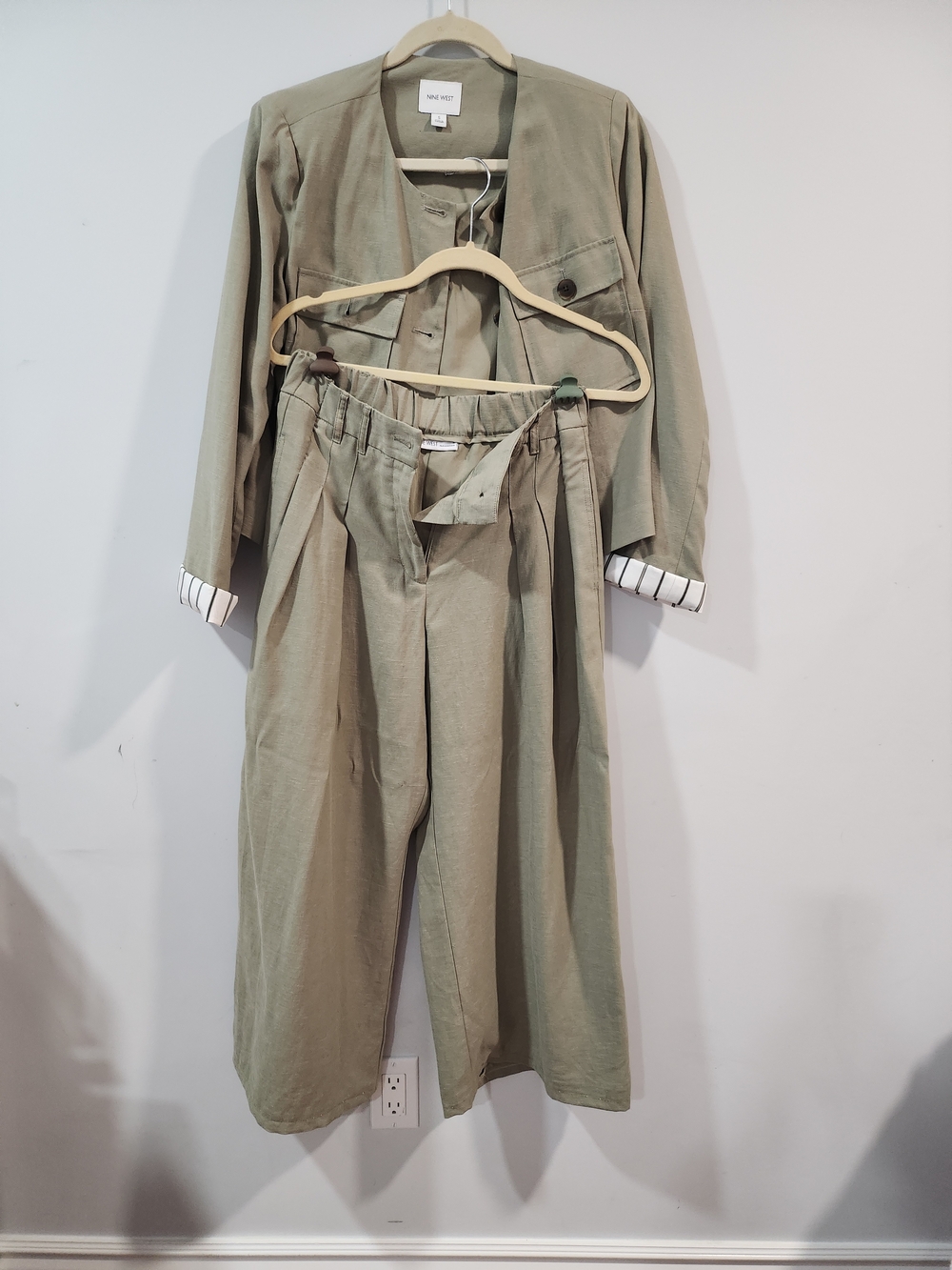 Nine West Olive Green Two-Piece Jacket and Wide-Leg Pants Set